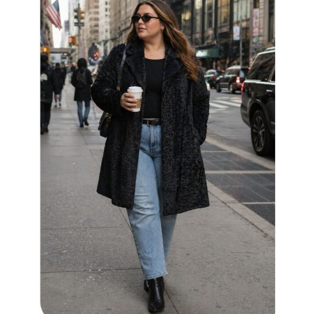 Black Textured Kristen Blake Coat Large Longline Collar Winter Warm